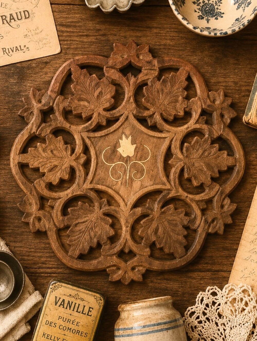 Vintage Hand Carved Wooden Trivet with Leaf Motif Size 6 In EUC
